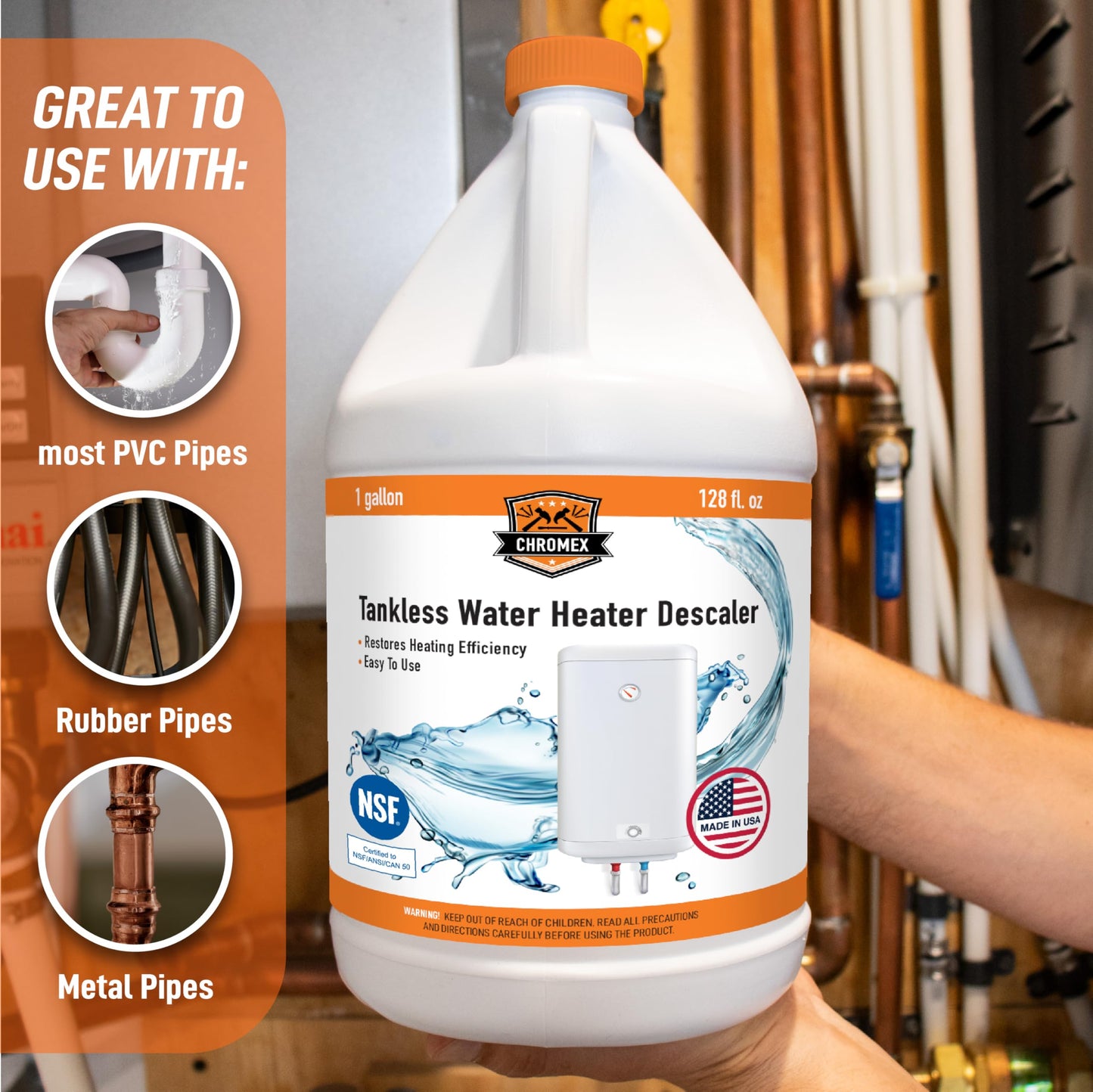 Chromex Tankless Water Heater Flush Kit with Gallon NSF Certified Liquid Descaling Solution and 1/6HP Extra Strength Pump
