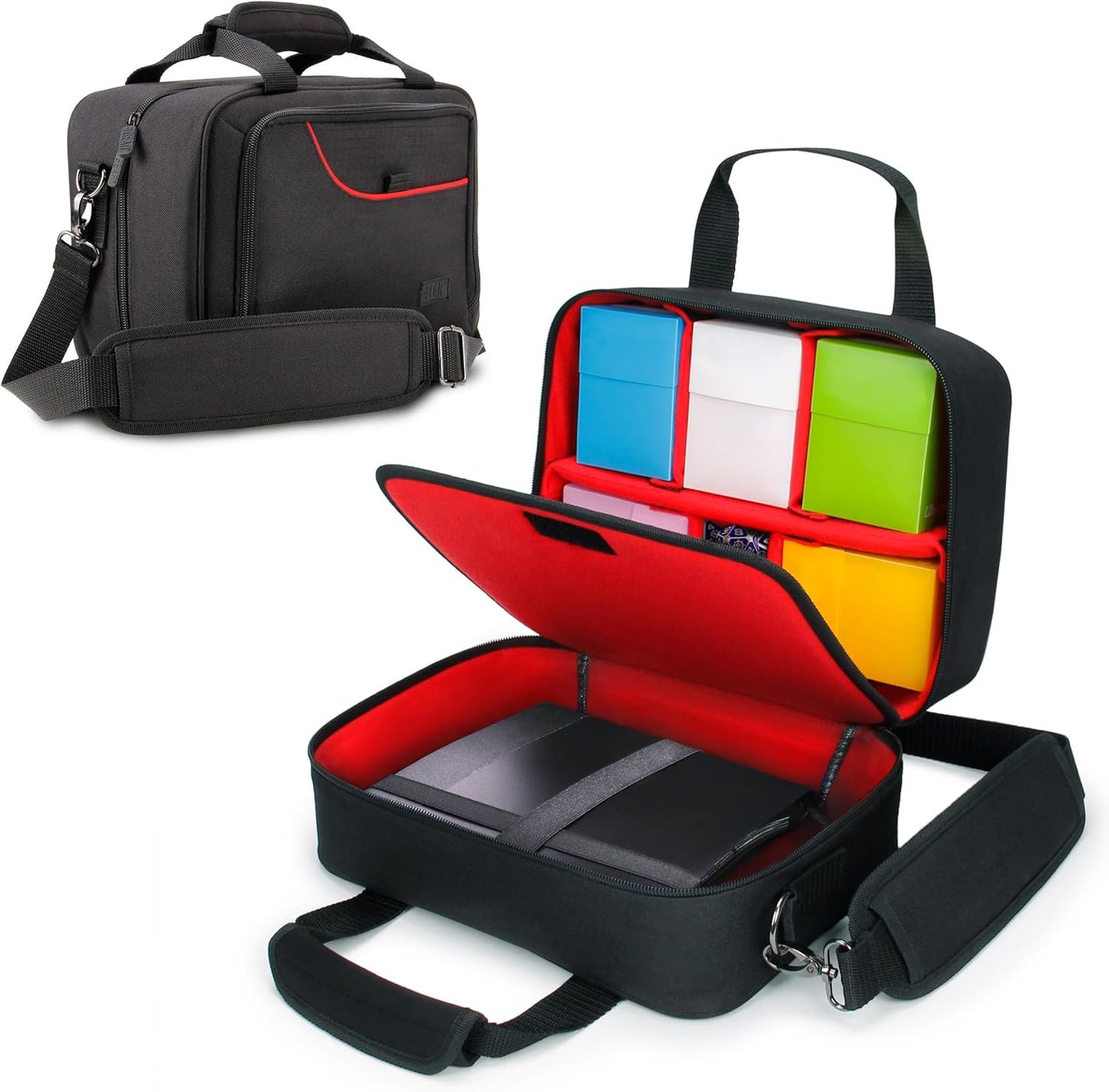 USA Gear Card Deck Storage Bag Compatible with TCG and CCG Deck Games - Card Protector Bag with Padded Shoulder Strap, Customizable Interior, Weather Resistant - Fits Boxes and Loose Cards - Red