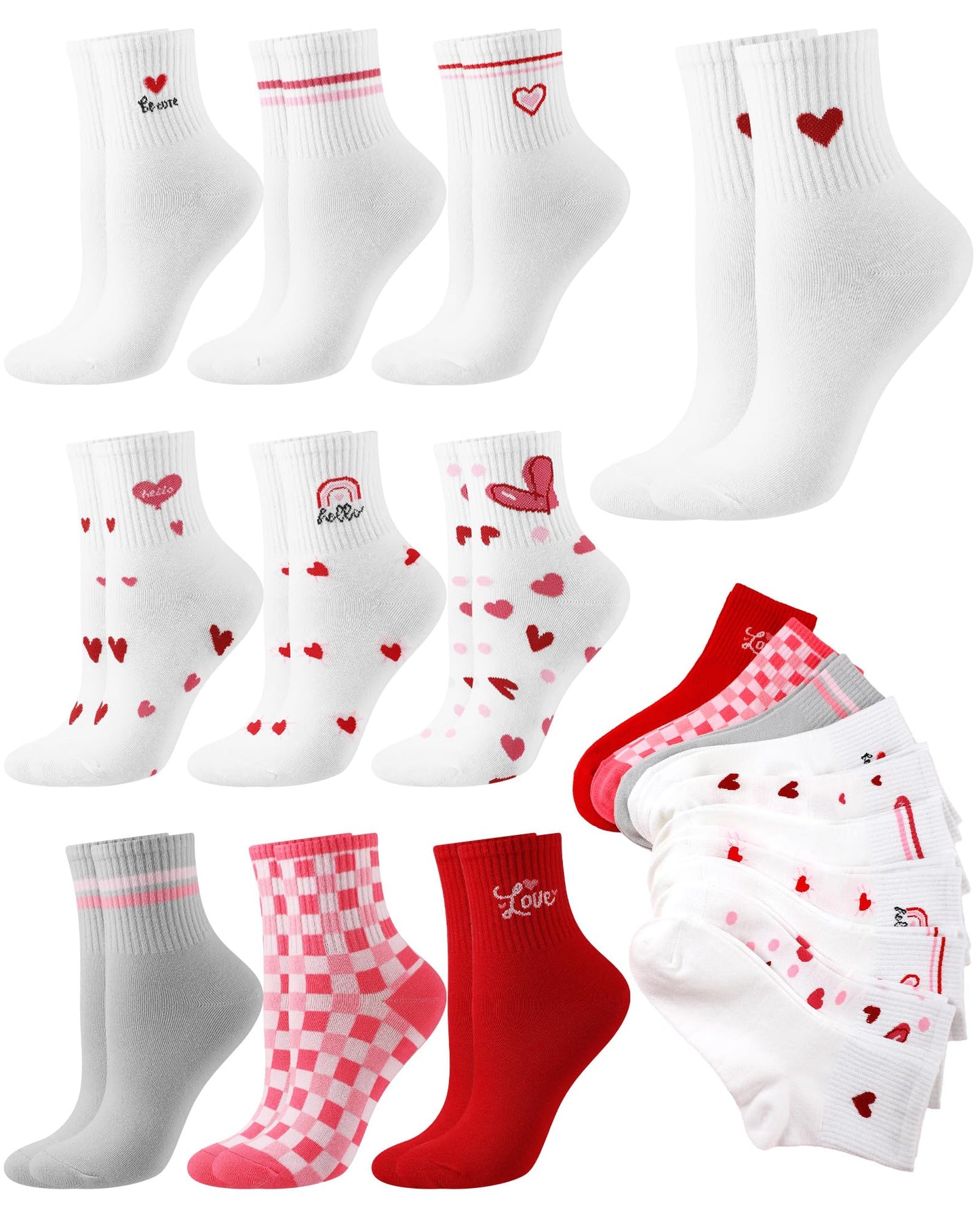Shihanee 10 Pairs Women Heart Socks Cotton Soft Novelty Ankle Socks Bulk Cute Christmas Valentines Day Gifts, Red White Heart Pattern Striped Plaid,10 Styles
