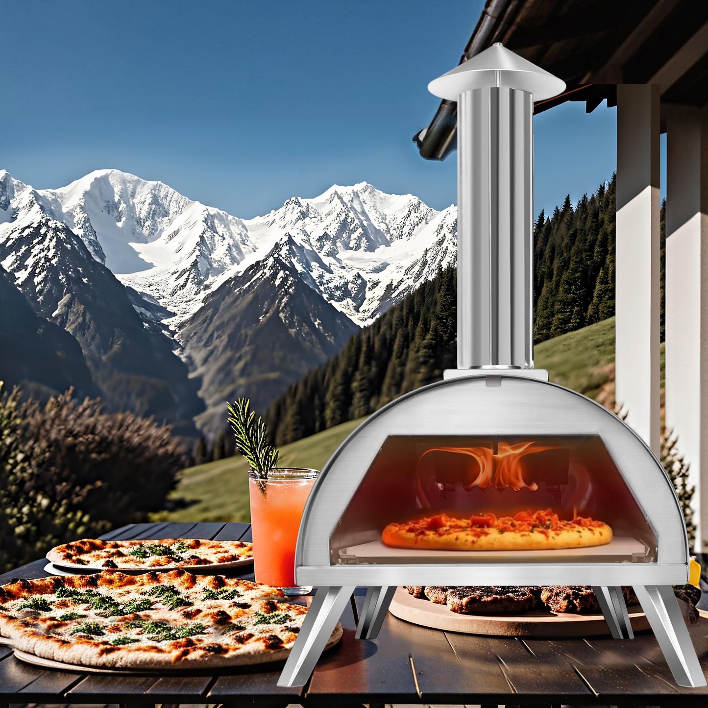 Rixordd 12" Wood Pellet Pizza Oven – Portable Stainless Steel Outdoor Pizza Maker with Built-In Thermometer, Foldable Legs, Carry Handle & Cordierite Pizza Stone for Backyard, Patio & Camping