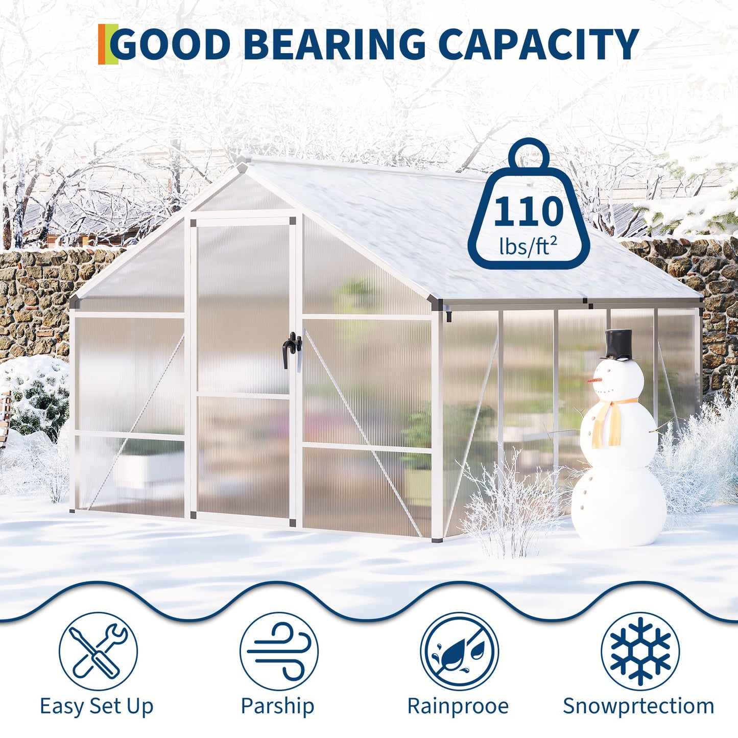 Greenhouse, 8x10 Ft Outdoor Greenhouses, Greenhouse Kit, Portablee Greenhouses with Ground Nails and Vent Windows, Sliding Lockable Door, Polycarbonate Green House for Outside Garden Backyard, White