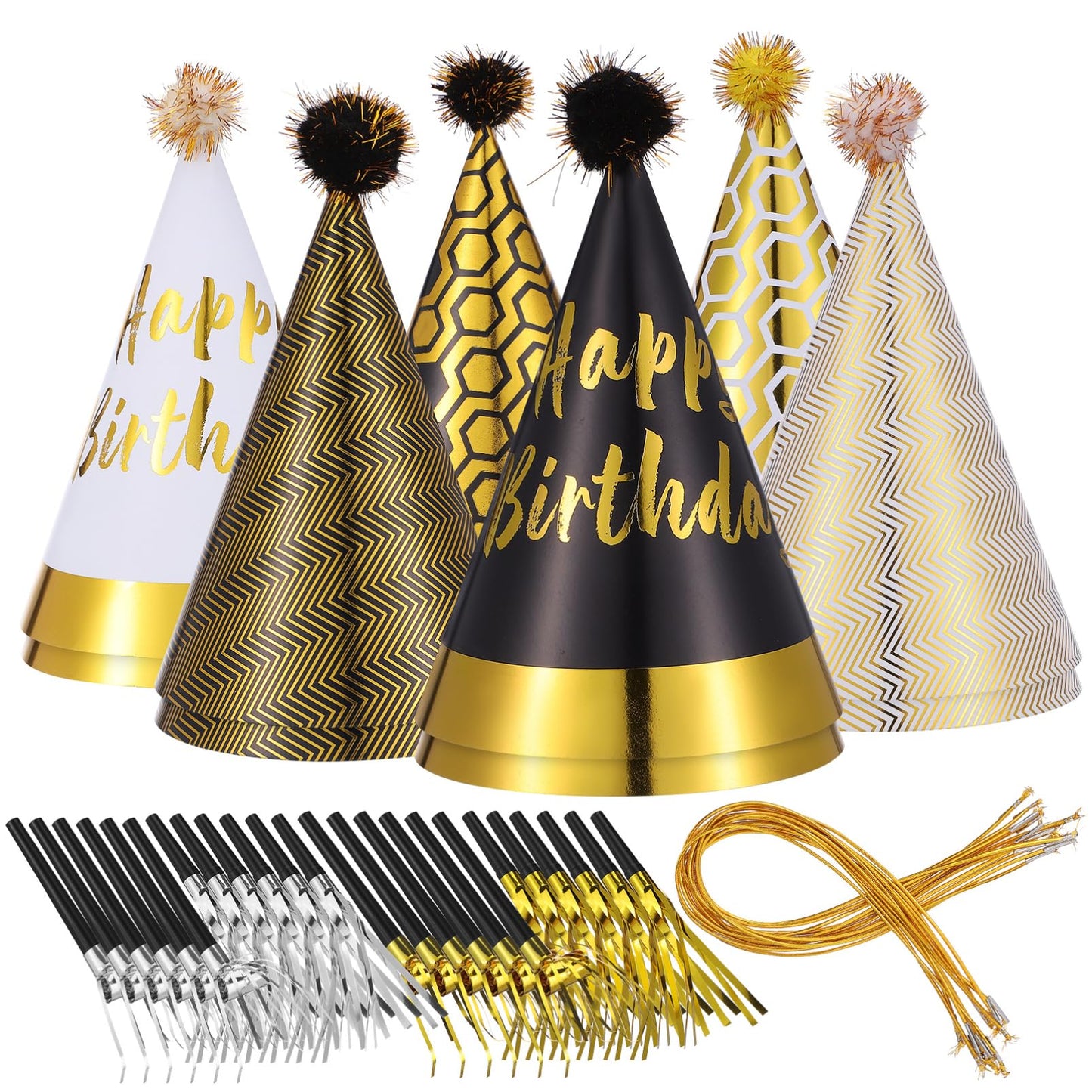 JOINPAYA 36 Pcs Birthday Party Set: Black Gold Cone Hats for Kids Including 12 Paper Hats and 24 Noise Makers, Happy Birthday Supplies