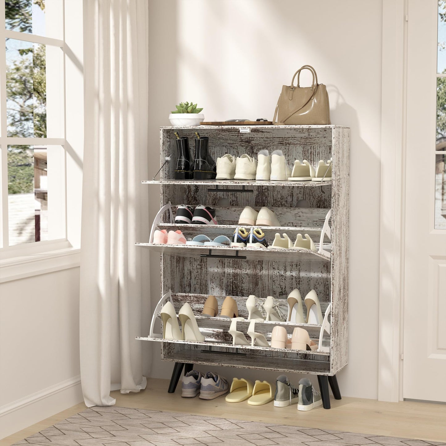 IdeaKey Narrow Shoe Storage Cabinet for Entryway with 2 Flip Drawers, 3 Tier Farmhouse Freestanding Shoe Cabinet Slim Wood Shoe Organizer Closed Shoe Rack for Hallway, Foyer, Rustic White