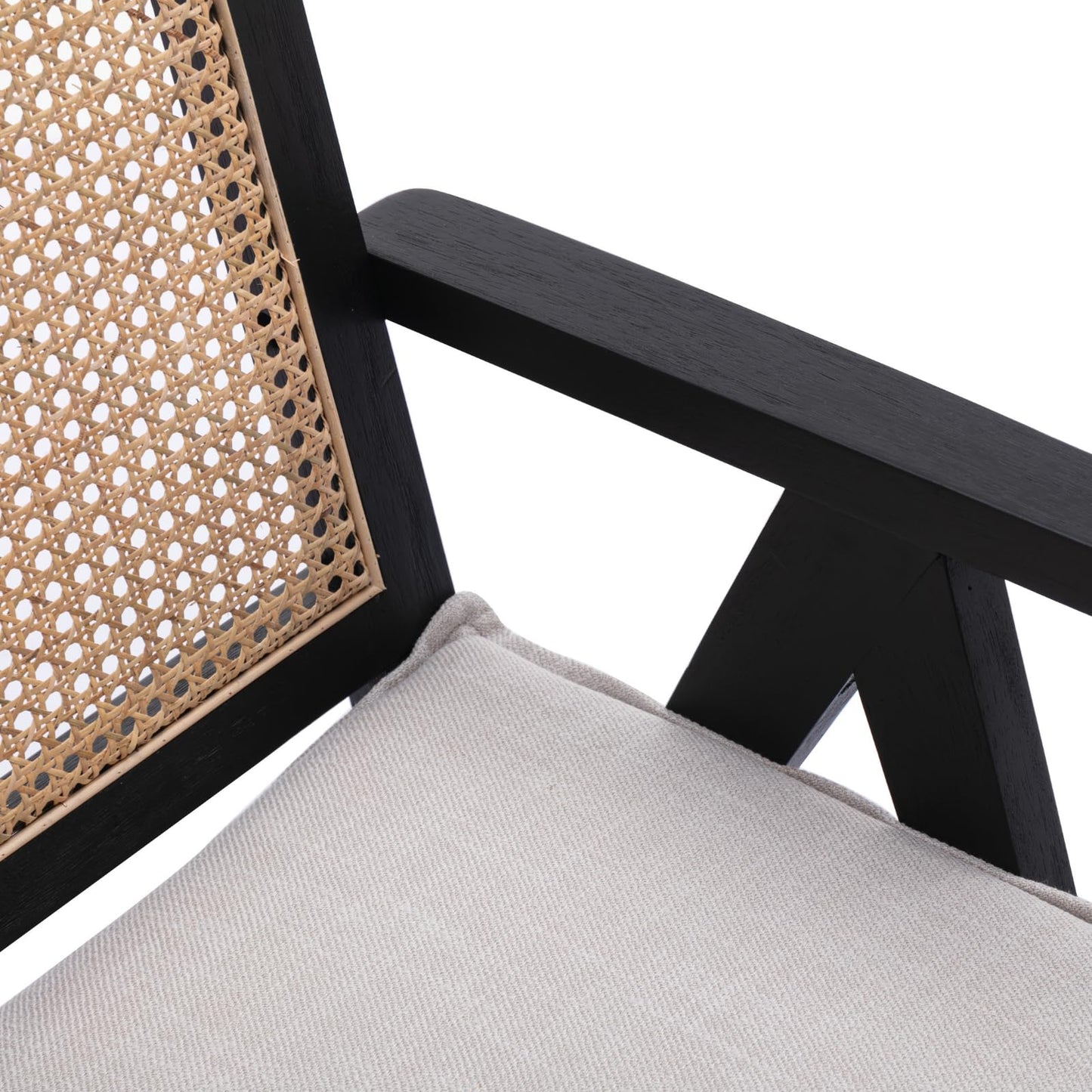 ChicAura Farmhouse Rattan Dining Chairs Set of 4, Modern Upholstered Dining Chairs Cane Back Country Kitchen Chairs with Arms Comfy French Country Linen Side Chairs for Kitchen Dining Room, Black Wood
