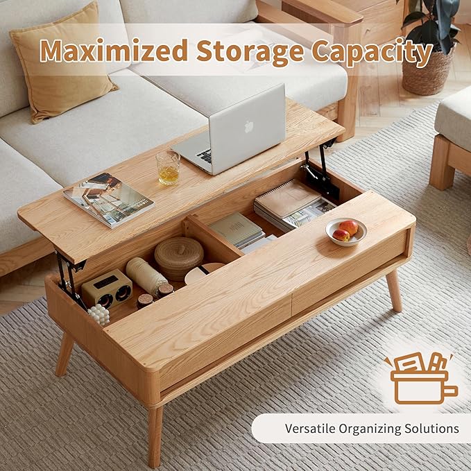 QKFF Wood Lift Top Coffee Table, 100% Solid Oak Wood Small Rising Dining Center Tables with Storage Shelf and Hidden Compartment for Living Room 40D x 22W x 26H