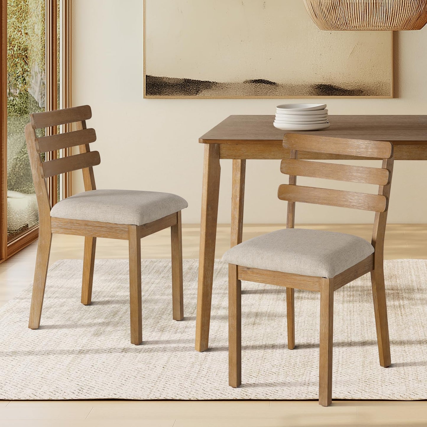 SIMTONAL 4-Piece Farmhouse Dining Set, Wooden Table with 2 Chairs, Bench Seat, Mid-Century Modern Wooden Table & Upholstered Chair Set for Home, Kitchen, Dining Room, Solidwood Legs
