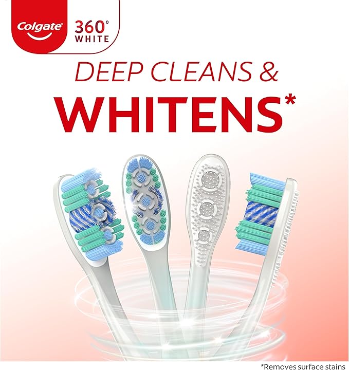 Colgate 360 Optic White Whitening Toothbrush, Adult Soft Toothbrush with Whitening Cups, Helps Whiten Teeth and Removes Odor Causing Bacteria, 4 Pack