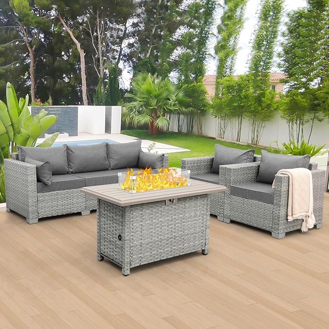 WAROOM Patio Furniture Set 4 Piece Wicker Conversation Sets PE Rattan Chair Outdoor Couch Sectional Sofa with Fire Pit Table, Grey Cushion