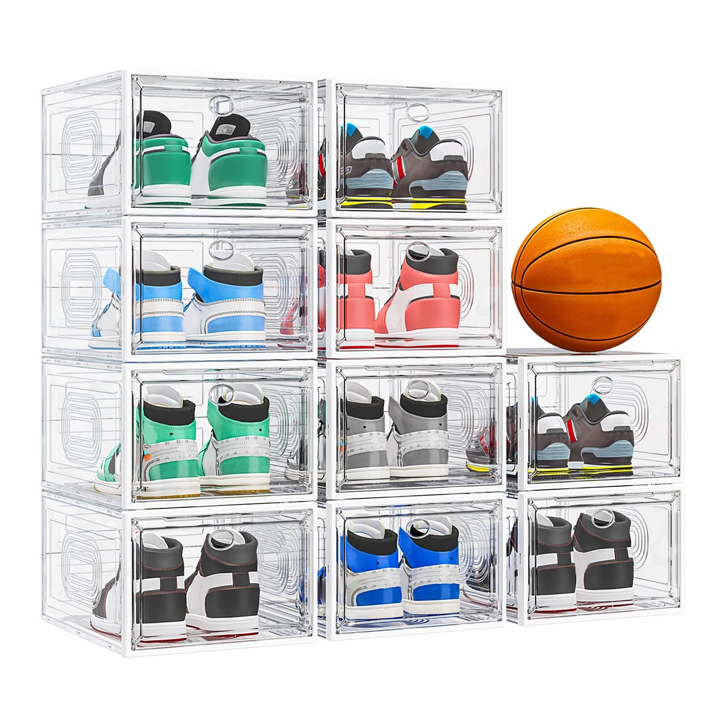 caktraie 10 Pack Thicken Shoe Organizer Stackable,Upgraded Sturdy Shoe Storage Box with Magnetic Door,Shoe Containers For Sneaker Display,Hat Organizer,White