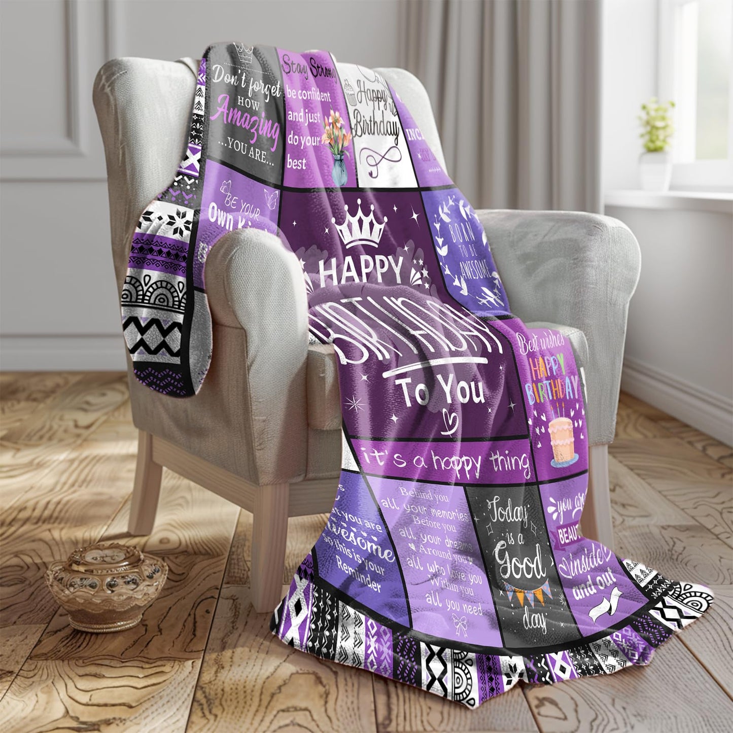 Ueedklaayy Happy Birthday Gifts for Women, Purple Gift for Women Birthday, Bday Gift for Woman Friendship, Bday Gift for Best Friend Sister Mom, Purple Flannel Blanket 60"X50"