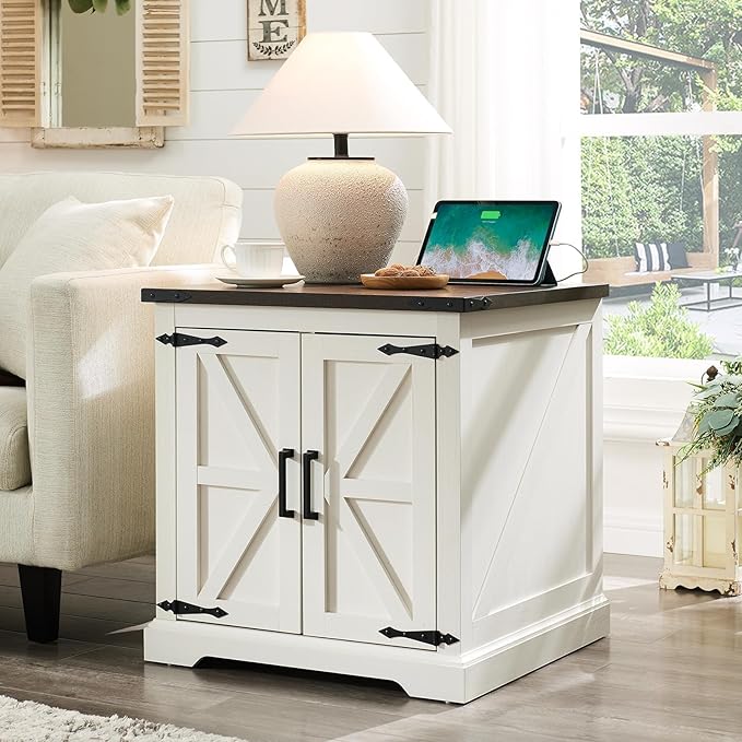Barnyatoh Farmhouse End Table with Charging Station,24" Large Sofa Side Table with Barn Door, Rustic Wood Square Nightstand Bedside Table with Adjustable Shelf for Living Room, Bedroom,Antique White