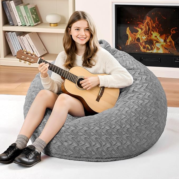 2FT Bean Bag Chair,Giant Bean Bag Chairs for Adults,Big Bean Bags with Memory Foam Filled, Large Beanbag Chairs with Chevron Plush Cover-Grey