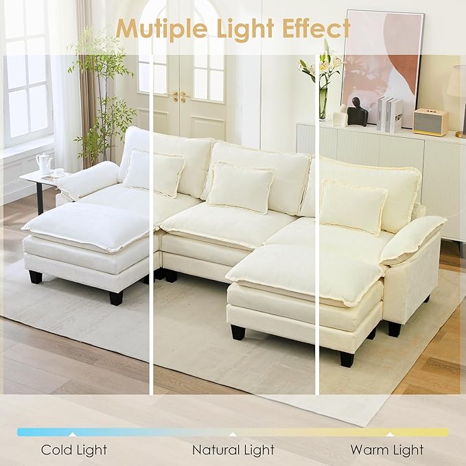 URRED Cloud Couch Modular Sectional Sofa, 122" Modern U Shaped Deep Seat Sofa with 2 Ottomans & Pillows, Ultra Comfy Chenille Couches for Living Room, Bedroom or Apartment, White | Chenille Fabric, Skin Friendly, Breathable, Ergonomic Design, Flexible ...