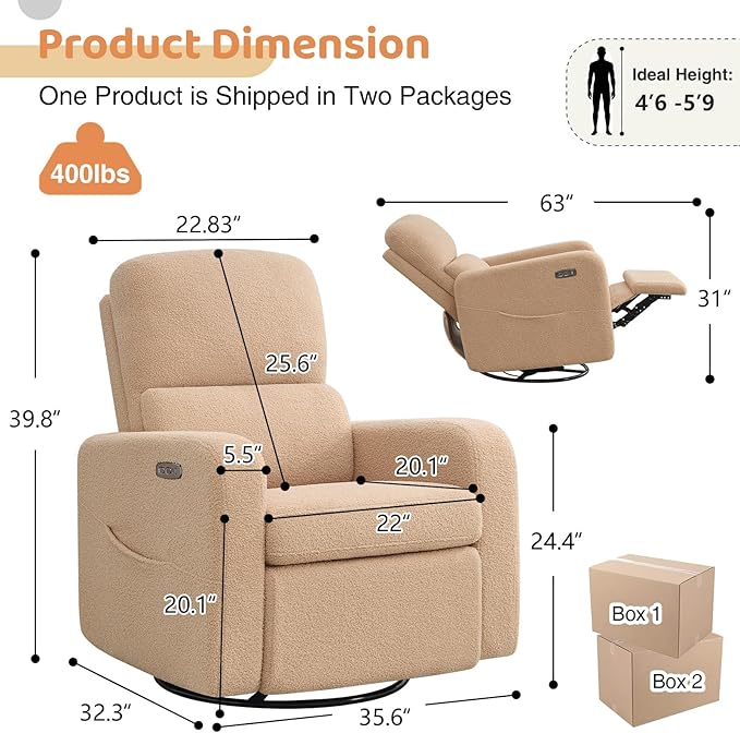 AEMEIOS Power Swivel Rocker Recliner, Oversized Boucle Electric Recliner Chair, Swivel Glider Nursery Reclienr with Removable Cushion, Upholstered Recling Chair for Living Room Bedroom, Teddy Camel