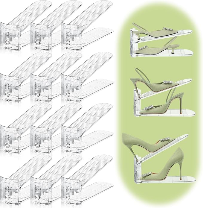 Shoe Slots Organizer,12 Pack Transparent Shoe Stacker Adjustable Shoe Slot Organizer Space Saver Shoe Rack Holder Shoe Storage Organizers for Closet,Transparent