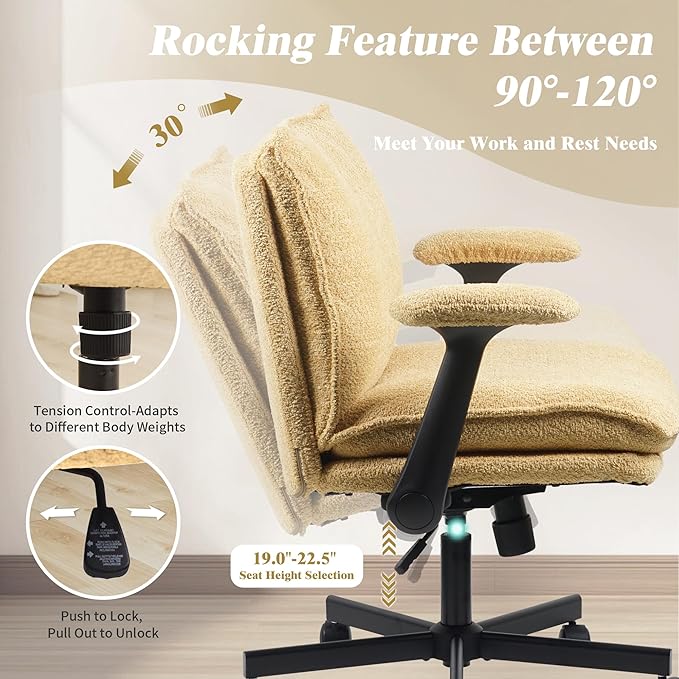 Kassipo Criss Cross Legged Office Chair with Wheels and Flip-Up Arms, Upholstered Criss Cross Desk Chair, Wide Seat Chairs for Home Office, Vanity, Apartment, Yellow