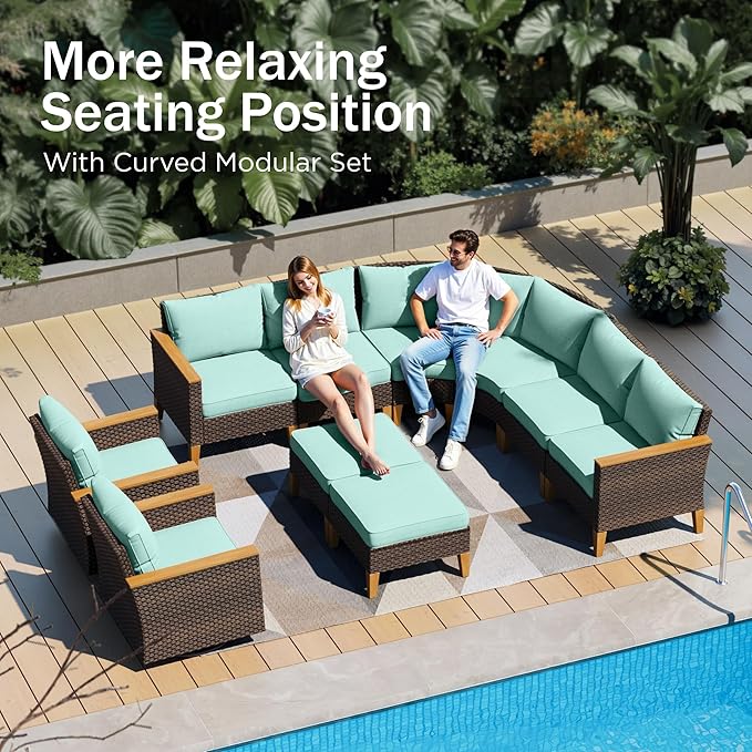 PHI VILLA 9-Piece Wicker Patio Furniture Set, Outdoor Half-Moon Curved Sectional Sofa with Thick Aqua Blue Cushions, 2 Ottomans, 2 Single Seats, Large Conversation Seating for Garden or Backyard
