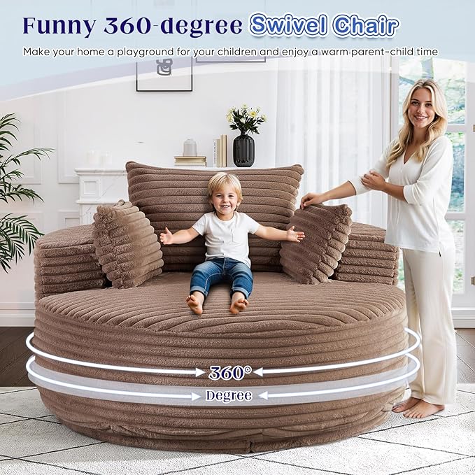 360-Degree Oversized Swivel Chair, Modern Round Circle Corduroy Comfy Deep Seat Swivel Accent Chaise Lounge Sofa Chair with Back Cushion & 2 Throw Pillows for Living Room Bedroom Office, Brown