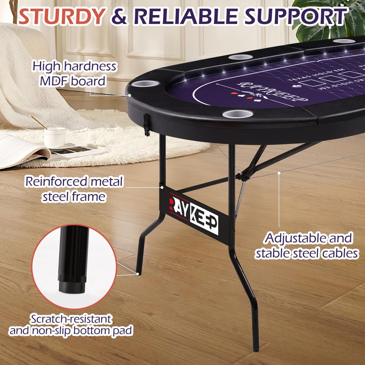 RAYKEEP 71" LED Poker Table - 8 Player Foldable Texas Hold'em Table with Built-in LED Lights, Padded Rails & 8 Cup Holders, Portable Casino Card Table for Home Game Room & Parties