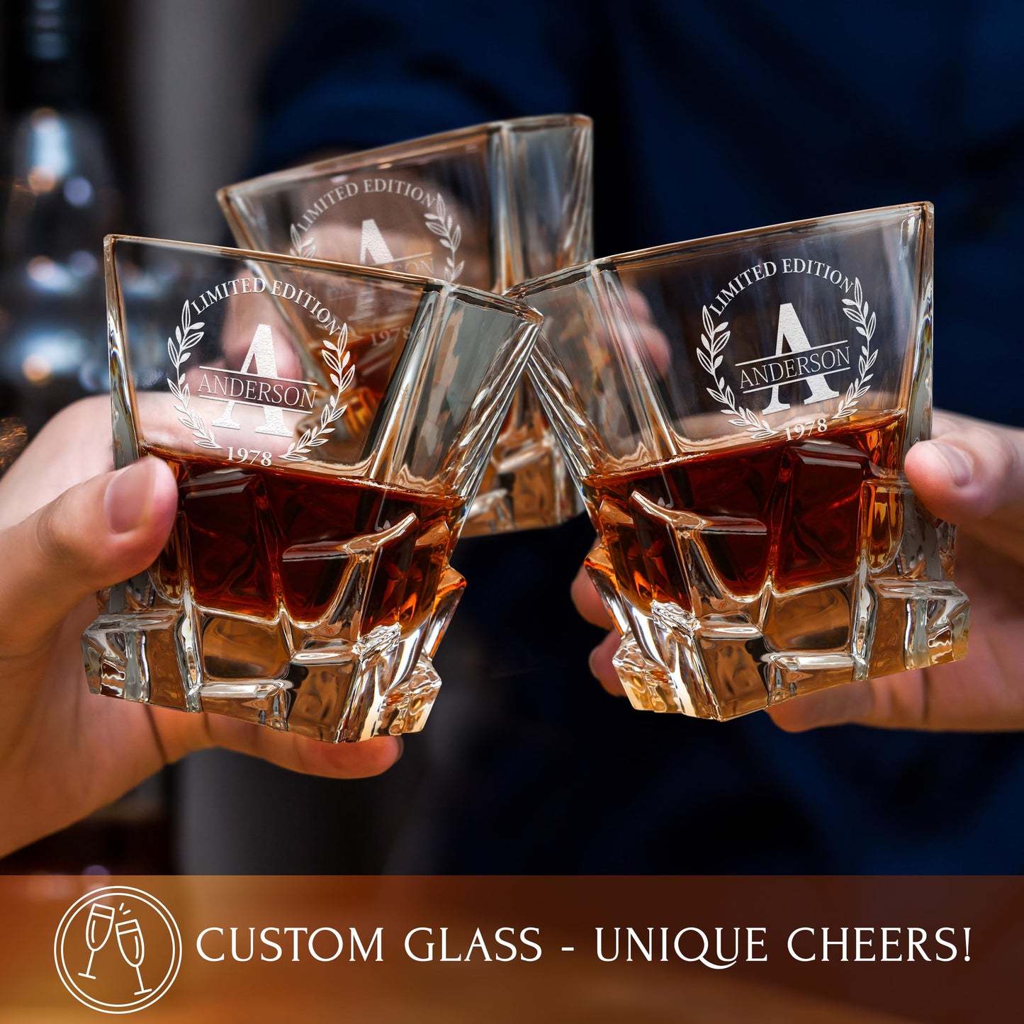 Personalized Whiskey Decanter and Stones Set - Customized Gift for Men, Dad, Father - Engraved Rocks Whiskey Decanter, 2 XL Glasses, 8 Whisky Cubes, 2 Coasters, Tongs, Pouch in Wooden Gift Box