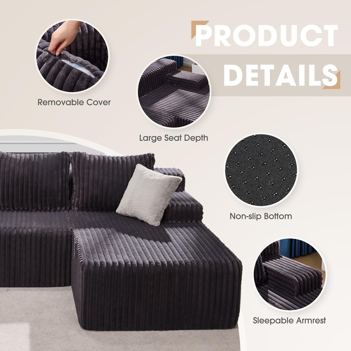 Modular Sectional Sofa Couches L-Shape Couch 3 Seat Modular Sofa Memory Foam Sectional Couches for Living Room, Cloud Couch with Oversized Chaise (Grey, Stripe (Right Facing Chaise))