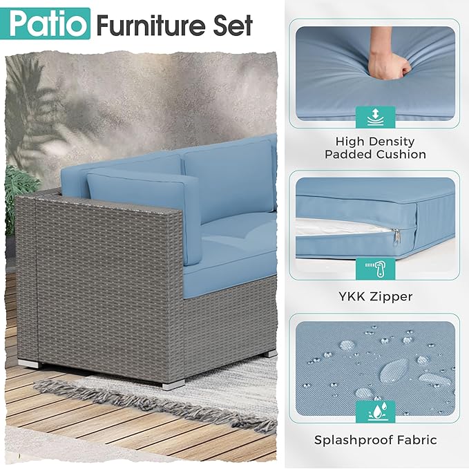 Crownland 8-Piece Outdoor Patio Furniture Sets with 45” Propane Gas Fire Pit Table, All-Weather Grey Wicker Rattan Sectional Sofa with Coffee Table(Light Blue)