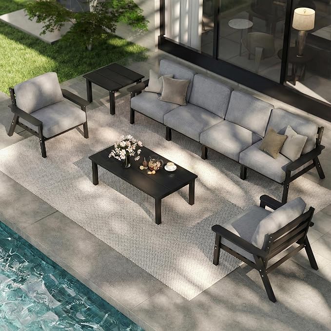 Patio Kingdom 7 Piece Patio Furniture Set, HDPE Outdoor Sectional with Gray Washable Thick Cushions, Coffee Table & Side Table, Patio Conversation Sets for Lawn, Garden, Porch, Balcony (Black Frame)