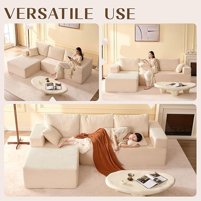 Afuson 107" Boneless Couch with Deep Seat, Modular Sectional Sofa, Cloud Sectional Couch for Living Room, No Assembly Required, Corduroy, L-Shape Left, White