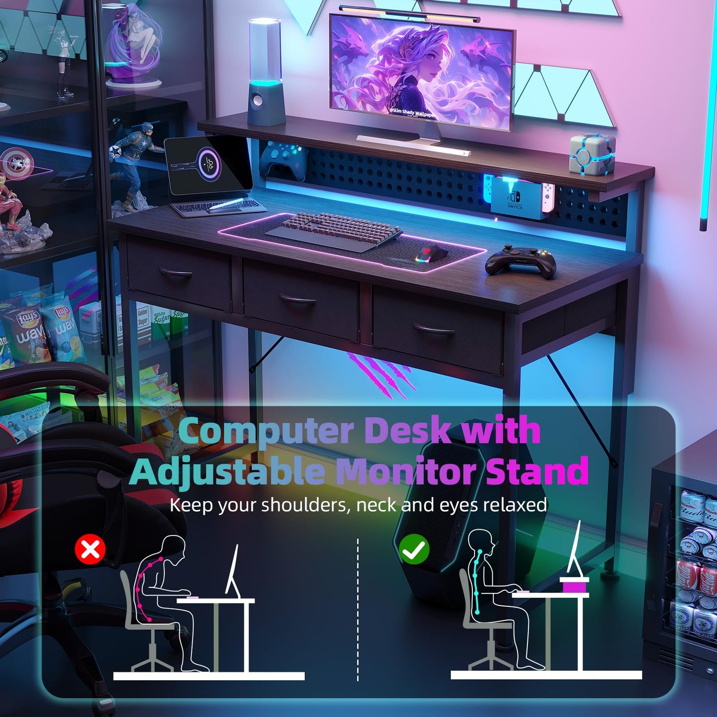 MUTUN Computer Desk with Drawers, 40 Inch Computer Desk with Power Outlet & LED Light, Gaming Desk with Adjustable Monitor Stand & Pegboard, Modern PC Study Writing Table for Bedroom, Black