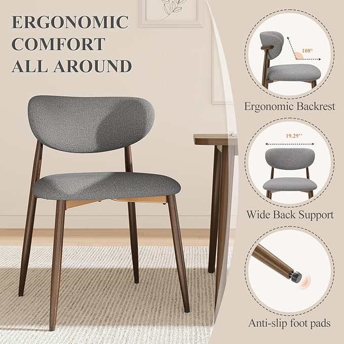 MALOL Dining Chairs Set of 6, Upholstered Dining Room Chairs with Metal Legs and Anti Slip Pads, Curved Back Kitchen Chair for Home and Restaurant Use, Light Grey