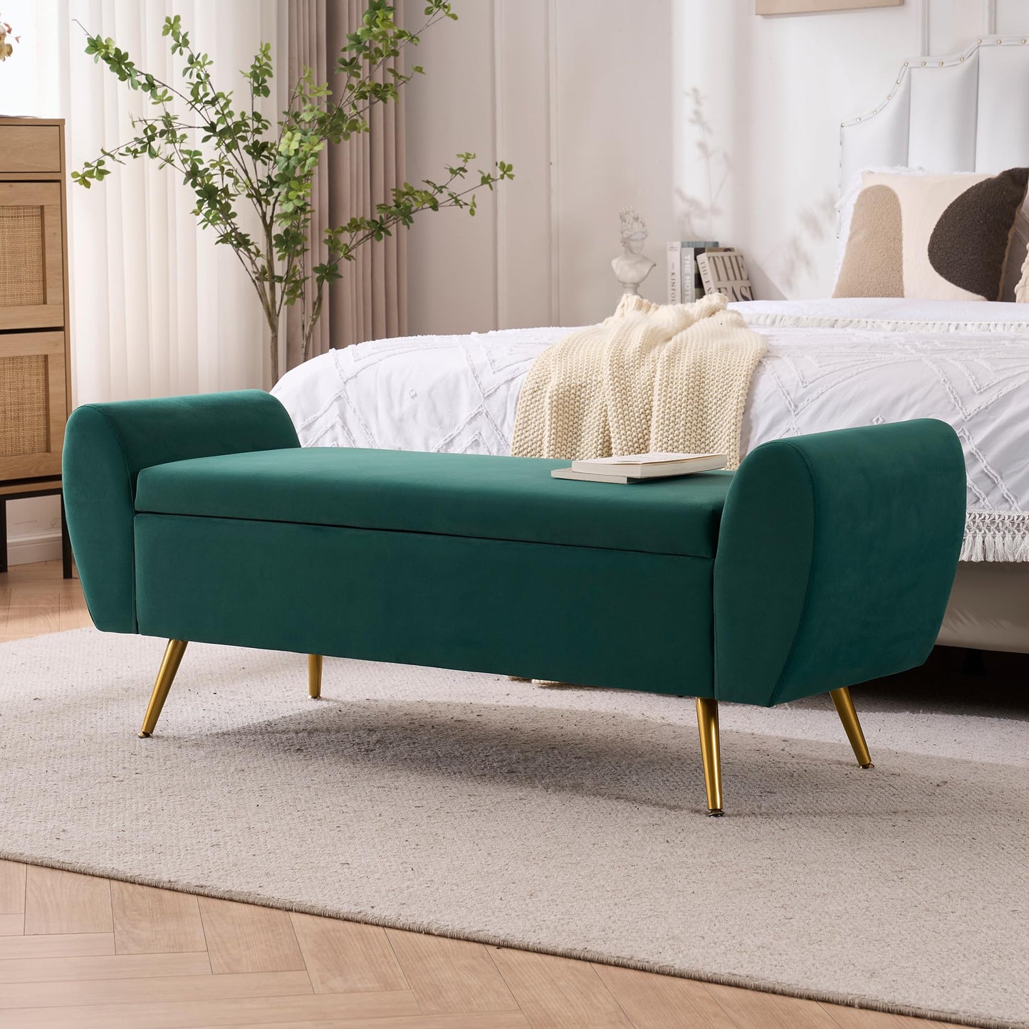 AIITTCC Storage Bench for Bedroom, 57" Extra Long Bench for King Size Bed, Modern Upholstered End of Bed Ottoman Bench with Arms for Entryway Living Room (Velvet, Green)