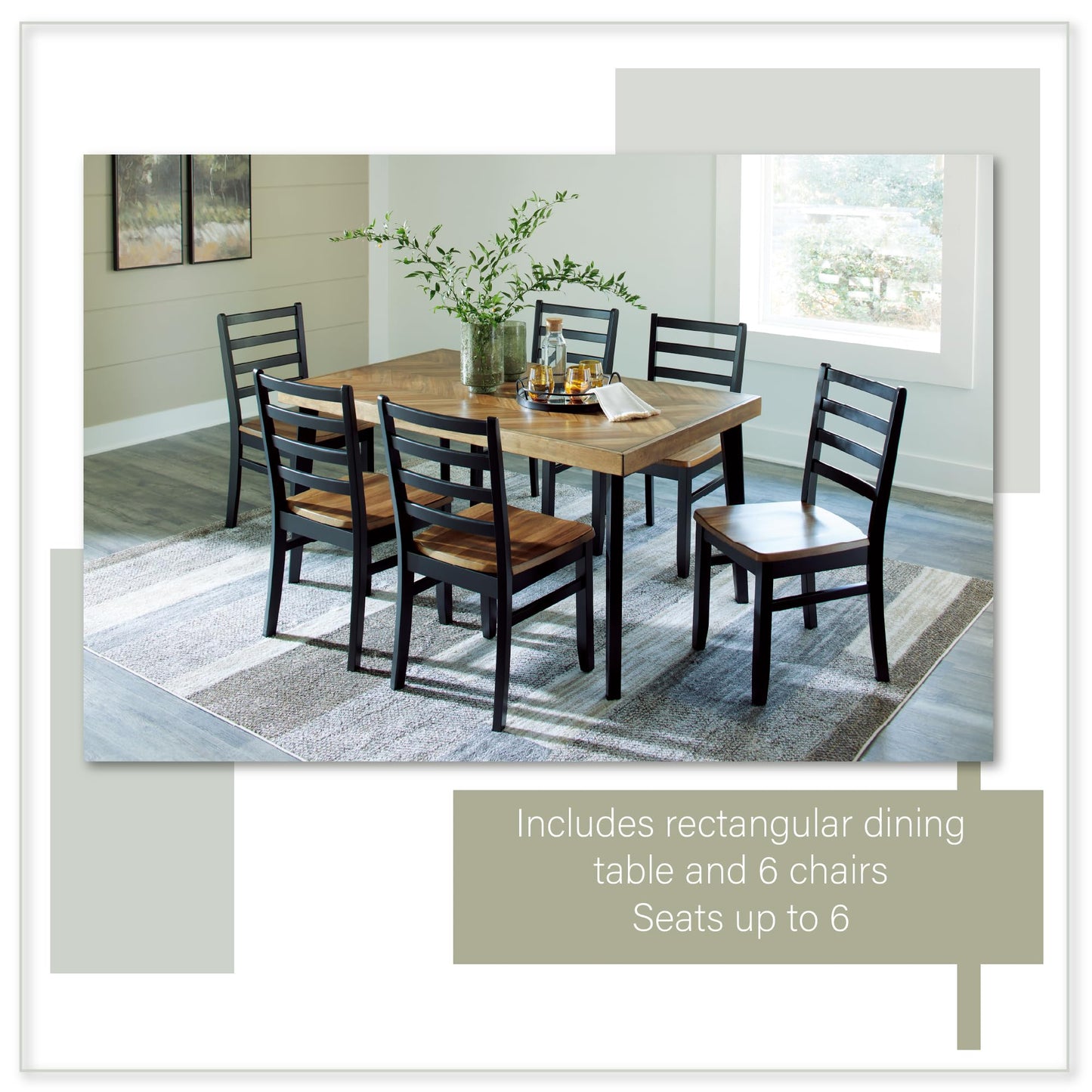 Signature Design by Ashley Blondon Rectangular Dining Room Table Set with 6 Chairs, Chevron Pattern, Tapered Legs, Seats 6, Wood, 60" Long, Brown & Black