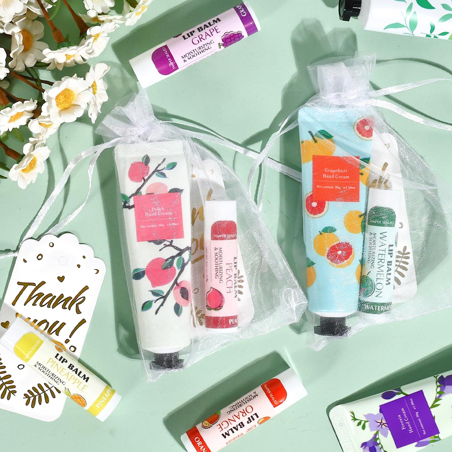 AZEN 24 Sets Bulk Gifts, Hand Cream and Lip Balm Bulk Set with Organza Bag Thank You Card, Baby Shower Wedding Gifts for Guests,