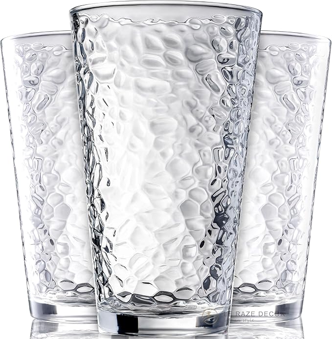 Set of 10 Hammered Glass Cups, 16oz. Dishwasher Safe Cocktail Drinking Glasses - Clear Heavy Base Stemmed Water Glasses, T...