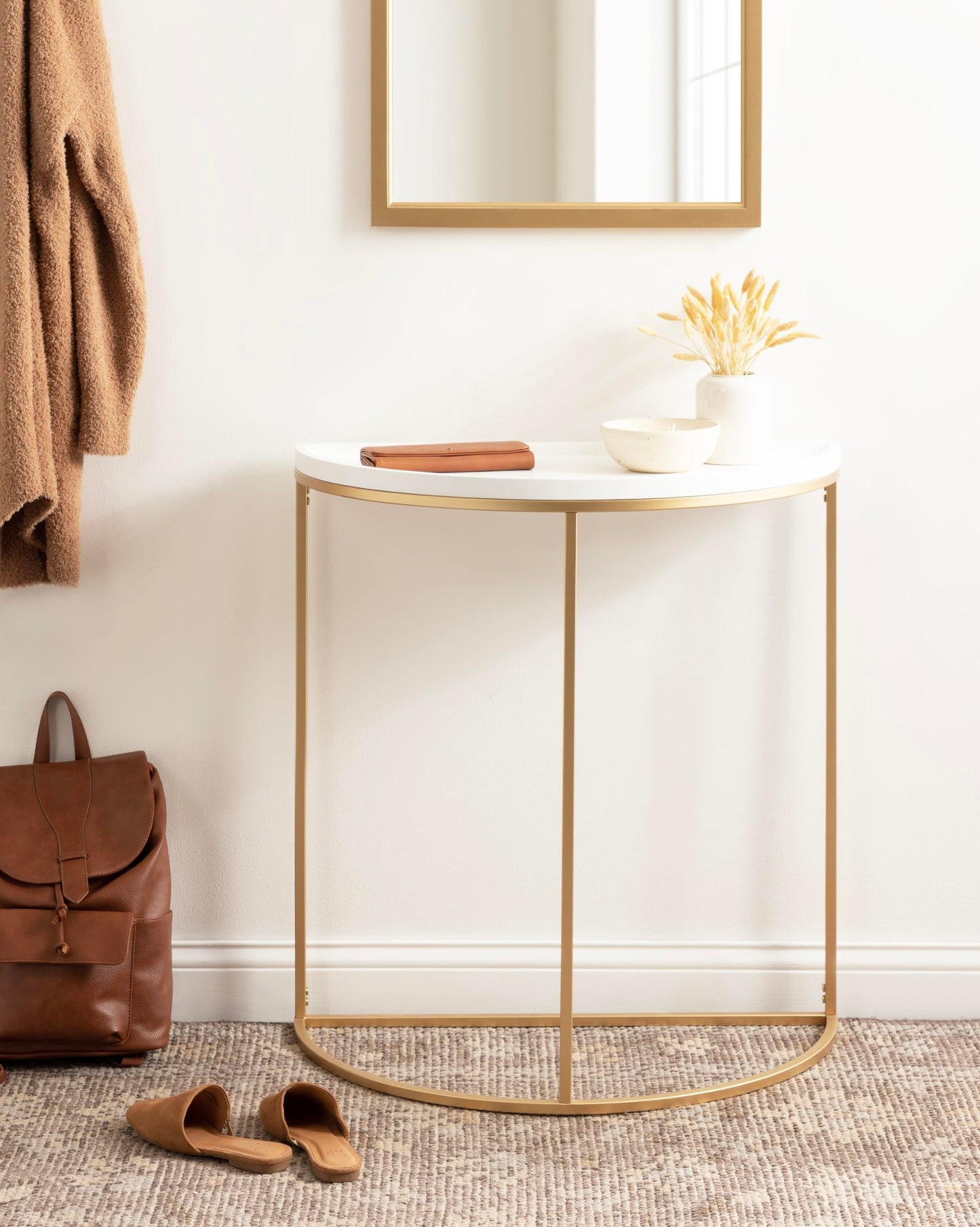 Kate and Laurel Dorrah Modern Round Console Table; 28 x 14 x 30; White and Gold; Glam Half-Circle Entryway Table for Storage; Organization; and Display