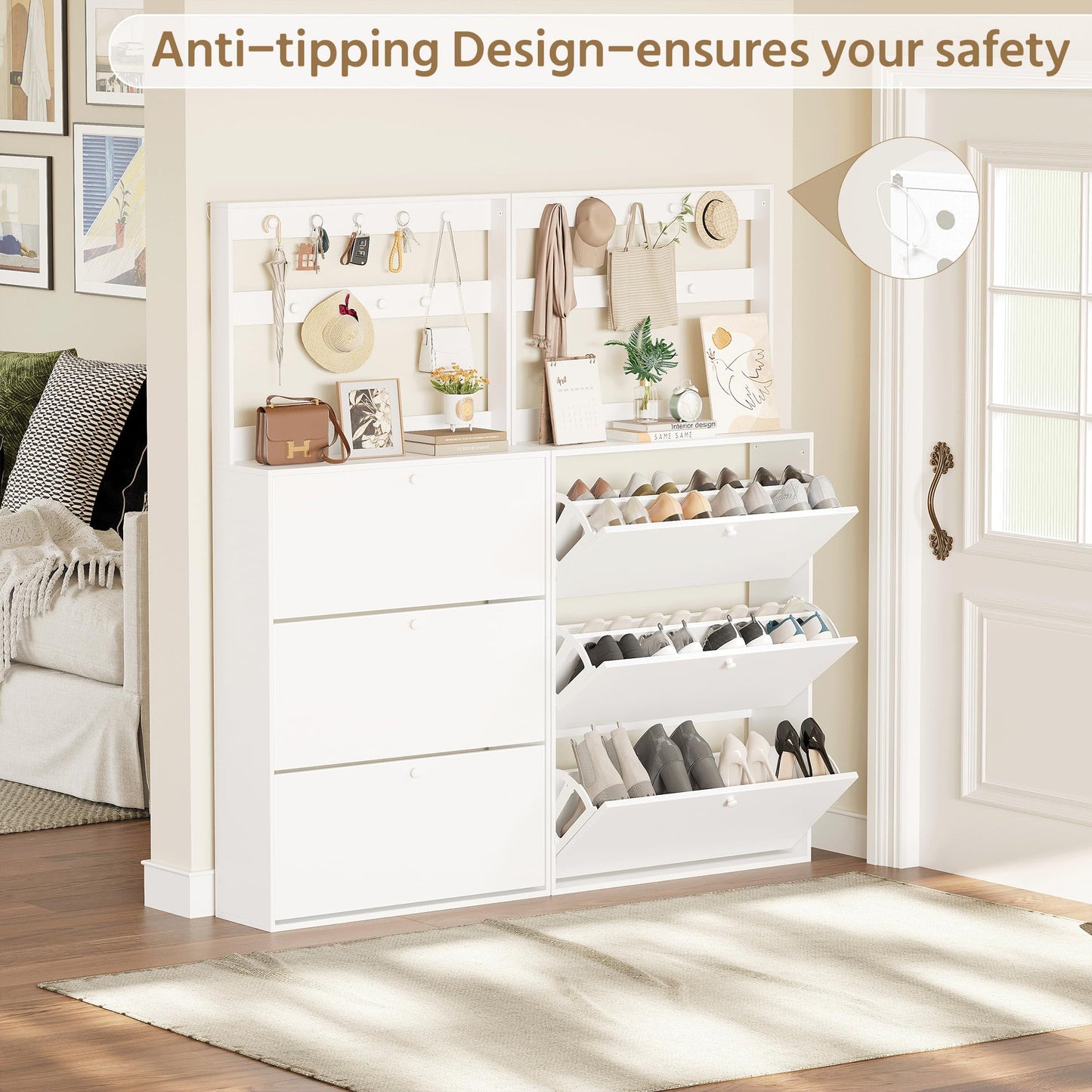 YMBSBUY Shoe Cabinet with 3 Flip Drawers, Narrow Shoe Cabinet with 9 Hooks Coat Rack, Freestanding Shoes Storage Cabinets with Adjustable Shelves for Entryway, Hallway, Living Room, White