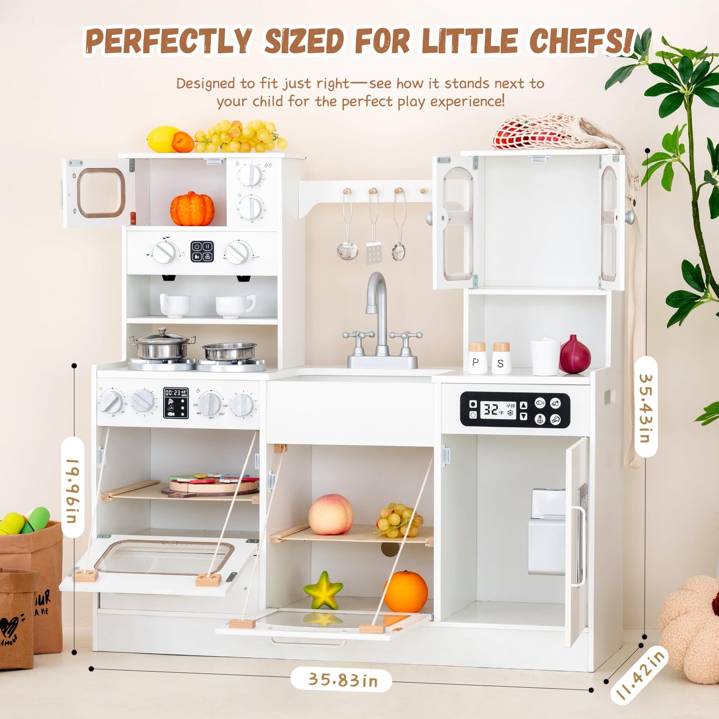 Wooden Play Kitchen for Toddlers and Kids with Lights & Sounds, Large Interactive Pretend Play Set with Ice Maker, Stove, Sink, Oven, 12 Accessories - Ages 3-8
