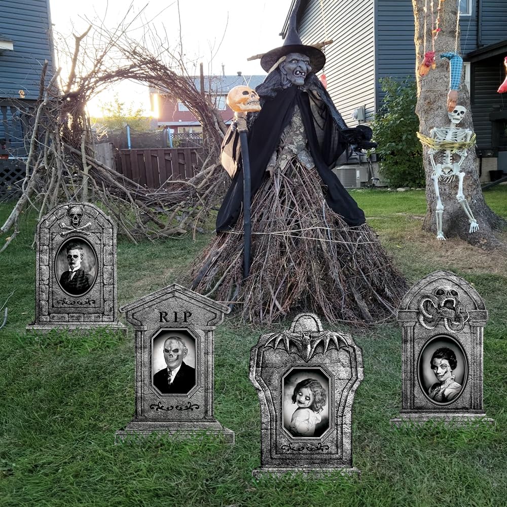 Graveyard Tombstones Halloween Decorations Outdoor: 4pcs Large Gravestones Yard Signs with Scary 3D Changing Face Photo, 17" Realistic RIP Skeleton Tombstones, Waterproof Cemetery Graves Decor Outside