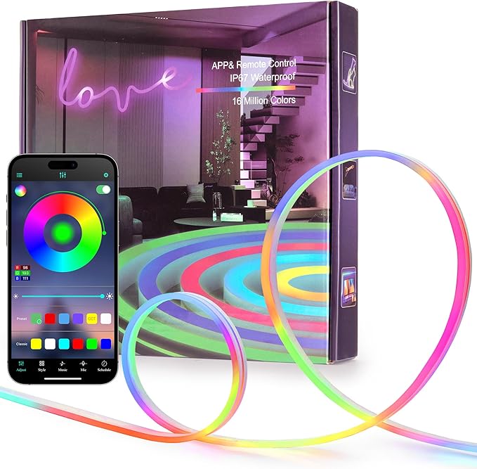 ANDOHAI 50FT LED Neon Rope Lights, Flexible Led Rope Lights Control with App/Remote, IP67 Outdoor RGB Color Changing Led N...