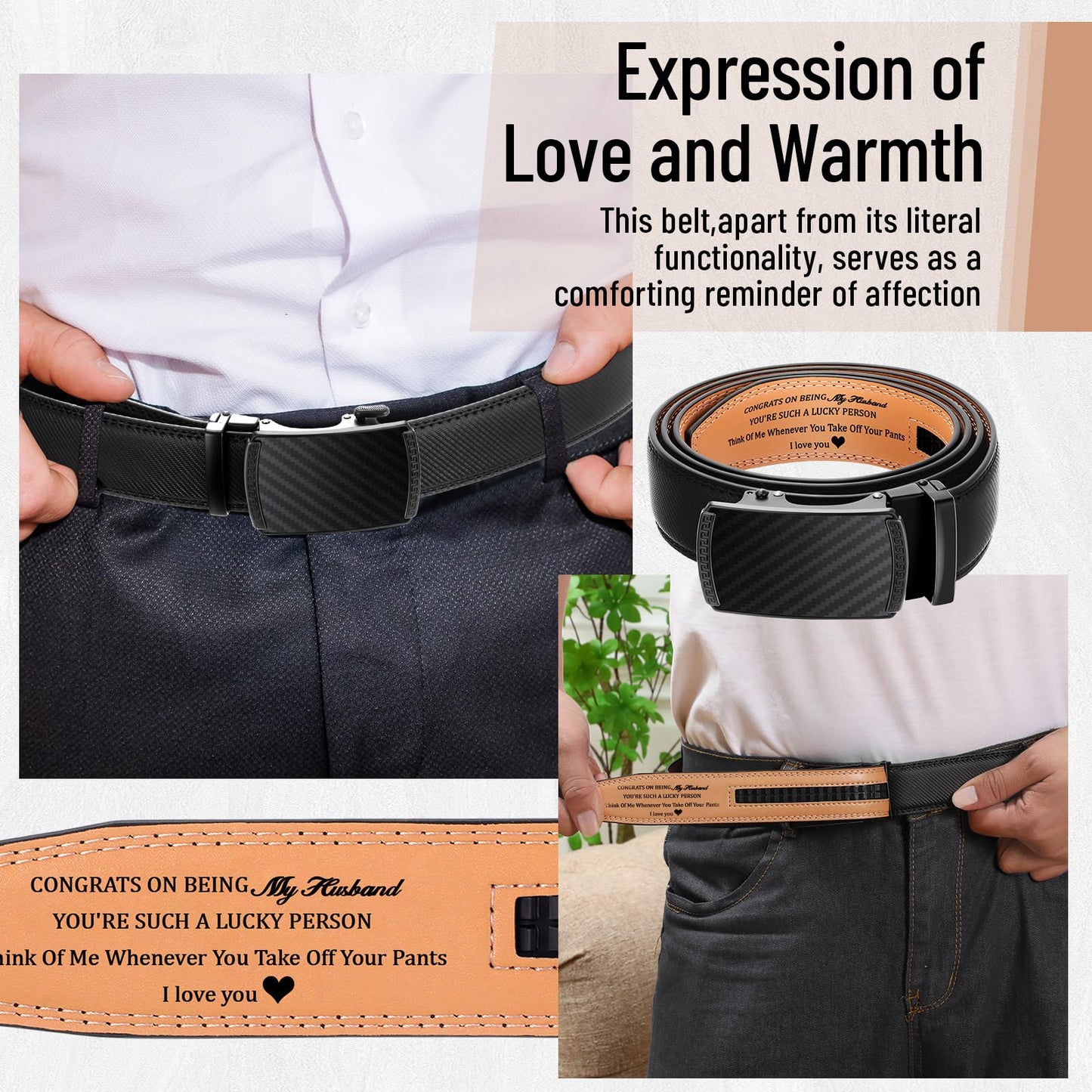 Bunnycool Mens Ratchet Belt Congrats on Being My Husband Personalized Engraved Leather Belt for Him Birthday Wedding Gift(Class Style,Black,32-38 Inch)