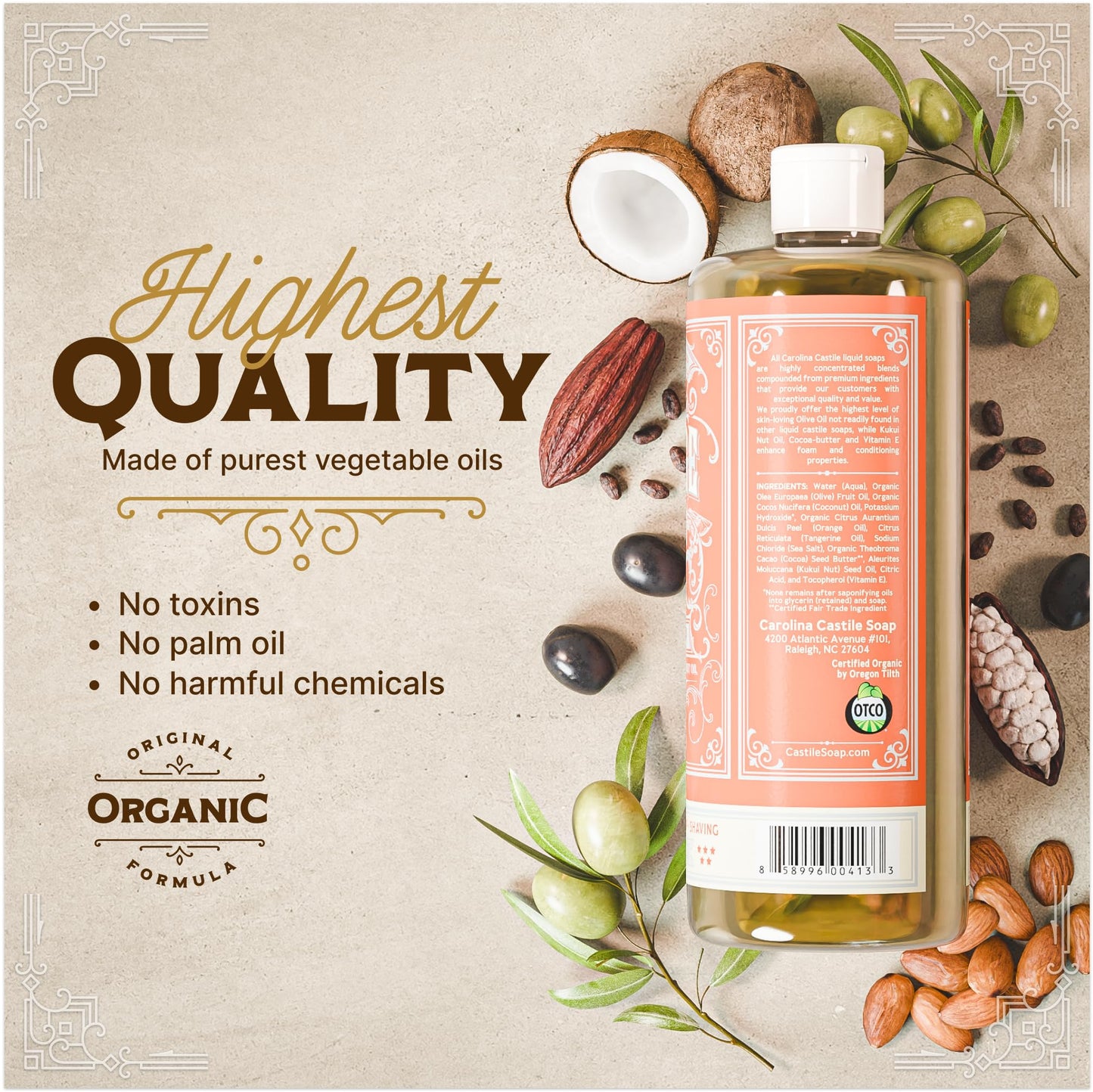 Carolina Castile Soap Orange Scent - Certified Organic Base, High Olive Oil Content, Non-Drying, Made with Organic Oils, Concent