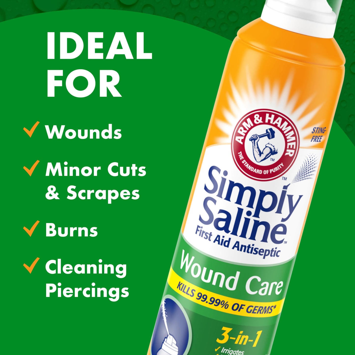 ARM & HAMMER Simply Saline Wound Care 3-in-1, Antiseptic First Aid Spray with Aloe to Help Prevent Infection, Sting-Free Saline for Wound Irrigation and Cleaning, Soothe Wounds with Aloe, 7.4 oz, 2pk