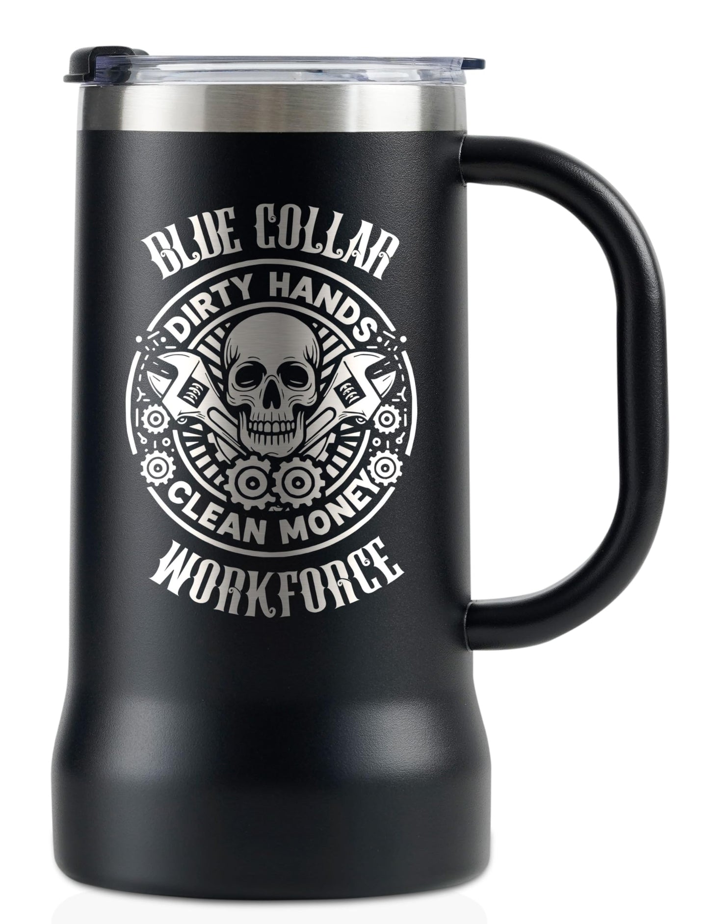 Onebttl Blue Collar Gifts for Men, Boyfriend, Stainless Steel Beer Stein Tumbler, 24oz Beer Mug with Lid for Mechanic, Welder, Construction Worker