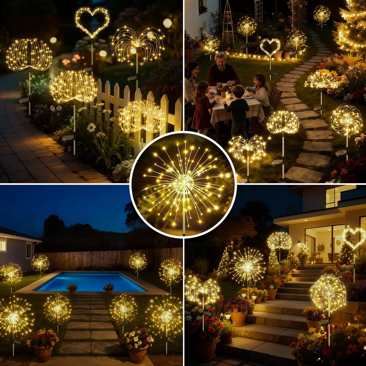 btfarm 4 Pack 120 LED Solar Garden Lights Outdoor, 8 Modes Firework Lights Solar Powered, Waterproof Twinkle Fairy Light Outside for Yard Patio Pathway Pool Christmas Party Decorative, Warm White