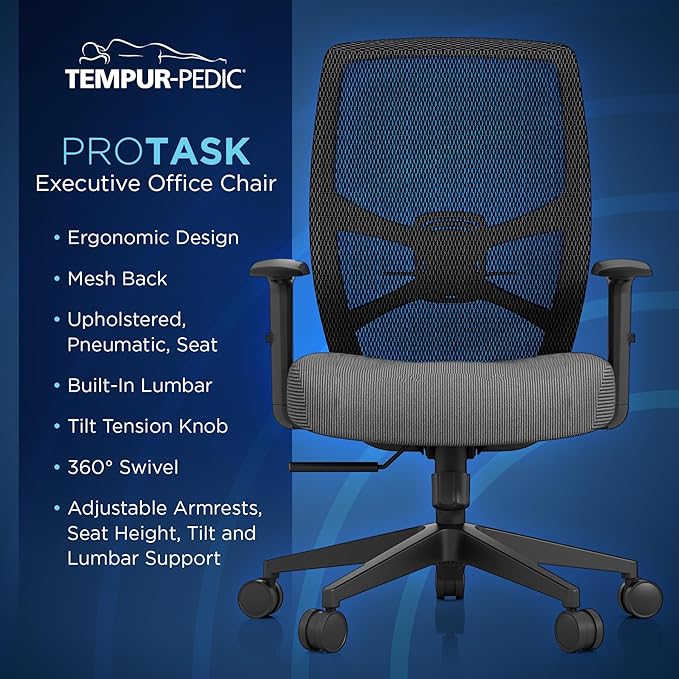 Tempur-Pedic ProTask Executive Task Office Chair with Cooling Gel Layer and Built-in Lumbar Support, Height-Adjustable Ergonomic Mesh Office Desk Chair, Grey