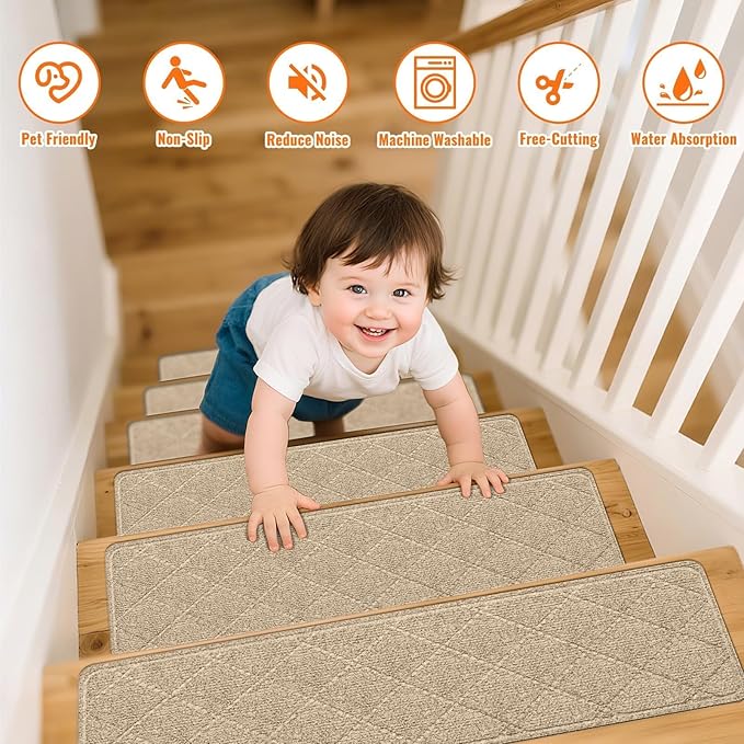 Stair Treads Non-Slip for Wooden Steps, 7Pack - 8" x 30" Edging Stair Runner Indoor for Kids Elders & Pets, Washable Carpet Stair Treads with Peel & Stick Reusable TPE Backing, Beige
