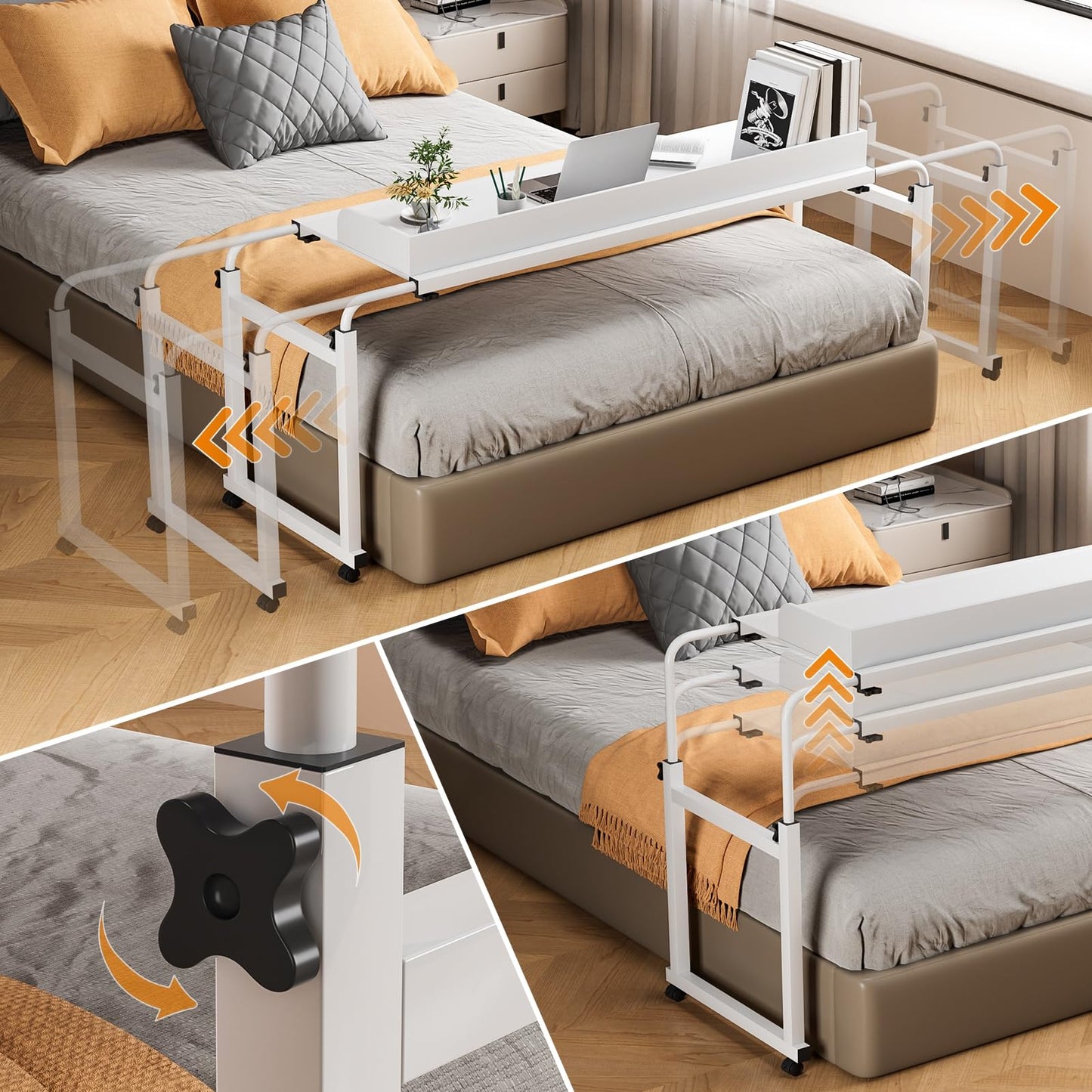 Rodiuiu Overbed Table with Wheels Laptop Desk Cart Table Over The Bed Table Adjustable Height and Length for Hospital and Home use(White)
