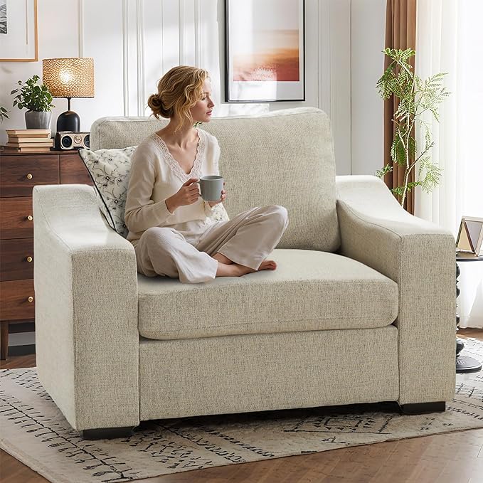 ELUCHANG 47" W Oversized Accent Chair, Linen Fabric Modern Chair with Deep Seat, Washable Covers, Comfy Upholstered Large Chair Armchair Sofa Chair Reading Chair for Living Room Bedroom Office,Oatmeal