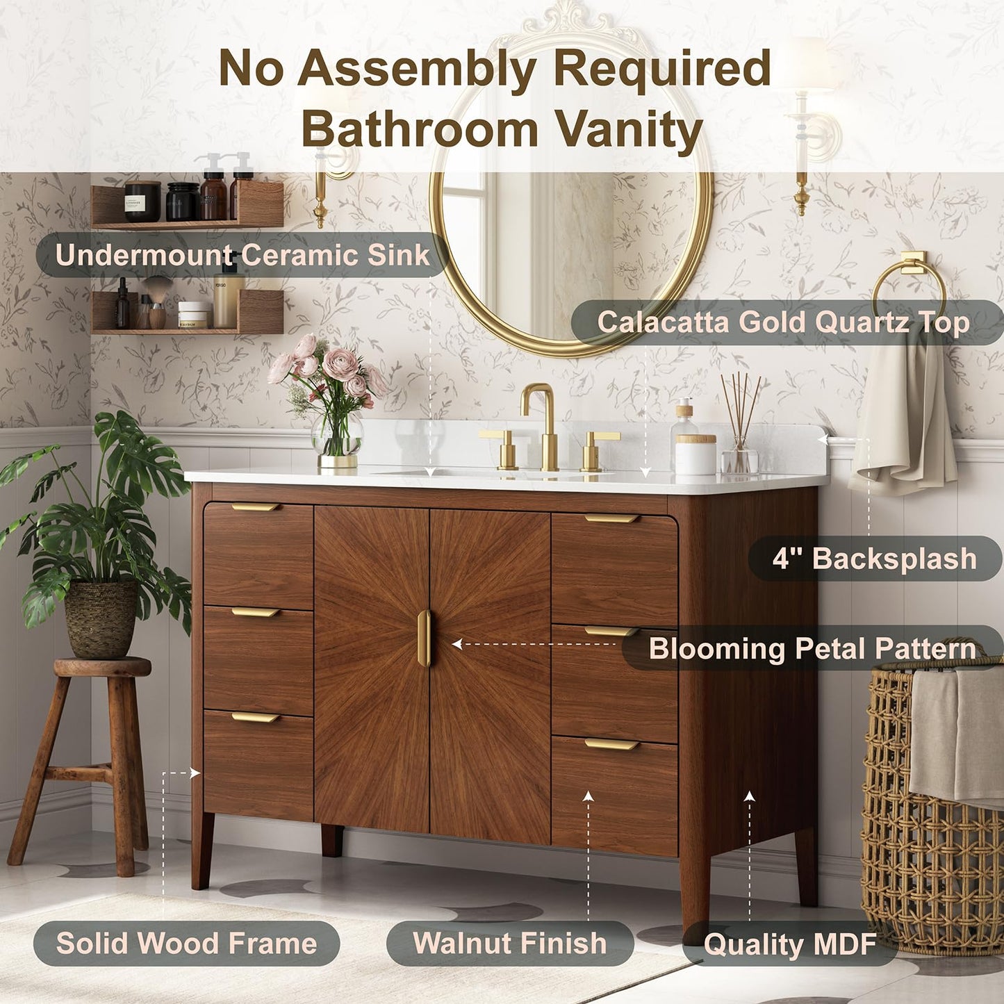 DELUXE LIVING 48 Inch Walnut Bathroom Vanity with Sink, Fully Assembled Solid Wood Bathroom Vanities with Soft Close Parquet Doors, Full Extension Dovetail Drawers, Calacatta Quartz Top & Backsplash