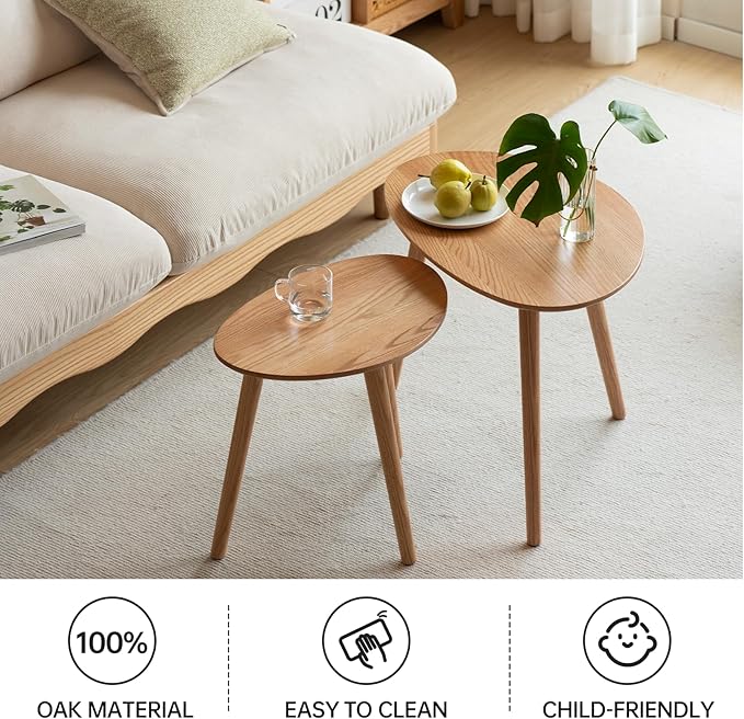 Vadisun Small Oval Coffee Table, 19.7" Mid Century Modern End Table for Living Room, 100% Solid Oak Wood Center Table, Side Table (Original Wood Color, 19.68" Wx13.38 Dx17.71 H)